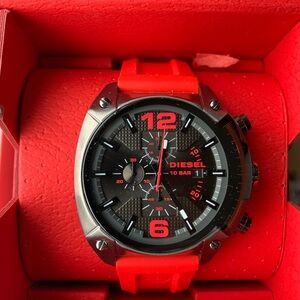 Diesel Mens Chronograph Gunmetal and Red Silicone 55mm Watch